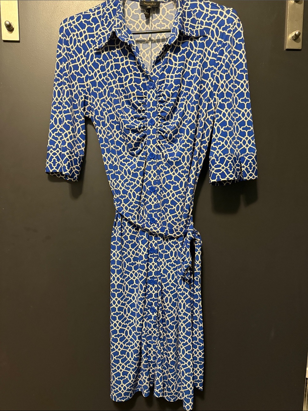 Laundry By Shelli Segal Royal Blue and White Geometric Wrap Midi Dress